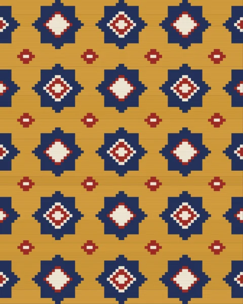 Eight-pointed stepped stars in indigo with madder and cream hearts, set in a grid on a saffron ground with small madder diamonds between them.