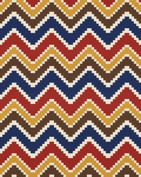 Stepped zigzag bands in indigo, cream, madder, saffron and walnut run across the whole surface in a steady, rippling rhythm.