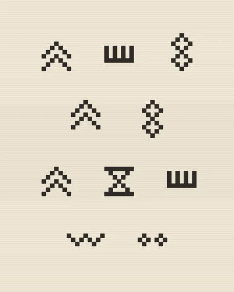 Small charcoal signs, lozenges, chevrons, hourglasses, combs and short zigzags, set in a staggered grid on a field of undyed cream.