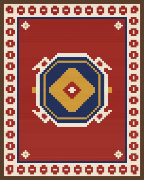 Large latch-hooked medallions in indigo, saffron and cream stacked down a madder field, inside a cream border of small stepped diamonds.