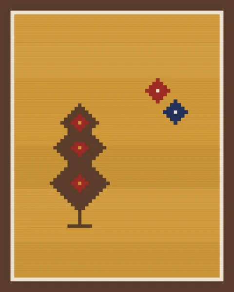 A broad saffron field with gentle bands of tonal drift, edged in walnut, holding just a stepped tree of three stacked lozenges and two small diamonds, set off-centre.