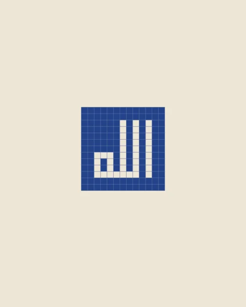 Allah in square Kufic, the letters as bone bricks set into a small lapis tile with fine joints, on a wide bone ground.