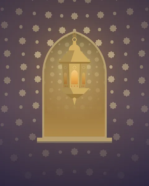 A single large fanous lantern hung from a hook inside a pointed plaster niche. Its windows glow amber, and the star-and-dot pattern cut into its brass is thrown onto the wall around the niche as a grid of light that bows outward and fades into the dark at the edges.