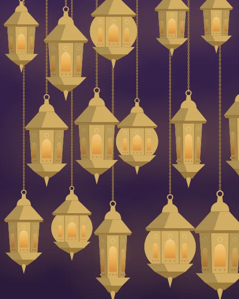 A lantern shop after dark: hexagonal, tall and round-bellied lanterns hung from the ceiling on chains at every height, shoulder to shoulder, each glowing amber against a deep plum ground.
