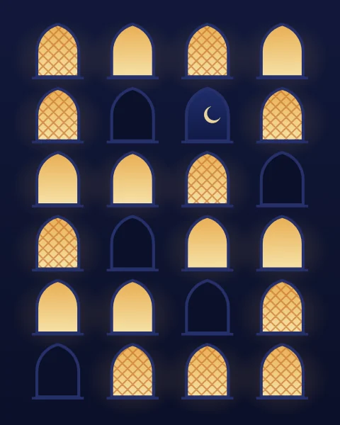 A façade at night, stacked with pointed windows. Most are lit amber from inside, many of them behind a diamond wooden lattice that shows dark against the light; a few are unlit, and one dark window holds a slim crescent.