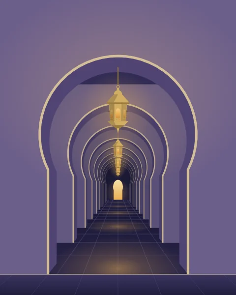 A long arcade of horseshoe arches seen straight down its length to a lit doorway at the far end. A lantern hangs from the crown of every other arch and throws a pool of light on the stone floor, the arches growing smaller and darker into the distance.