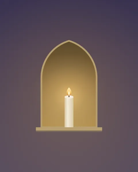 One cream candle standing on the sill of a pointed niche in a lime-washed wall. The niche is warm gold with the flame, and the glow softens the grey plaster around it and fades to shadow at the edges.