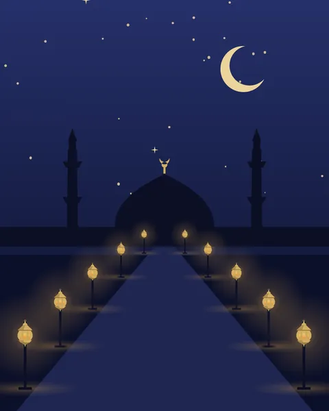 A straight path at night, lined on both sides by lanterns on posts that grow larger as they come towards you. At the far end a dome and two slender minarets stand black against the indigo sky, with a crescent and stars above.