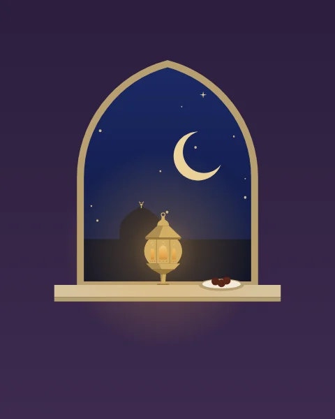 A pointed window in a plum room at night. On the sill a round brass lantern burns beside a small dish of dates, and through the glass are the indigo sky, a crescent, a few stars and the dark shape of a dome with its gold finial.