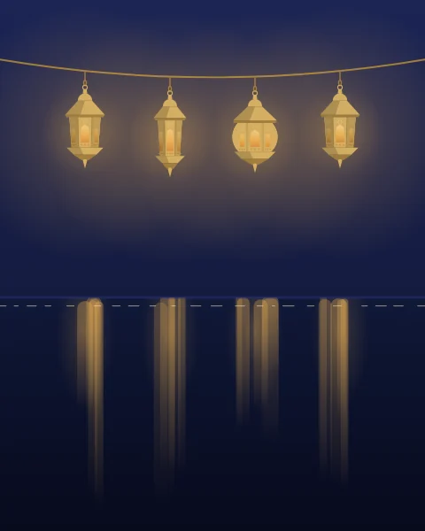 Lanterns hung on a line above dark still water at night. Each lantern glows amber and its reflection lies below as a column of broken gold ripples, with a few stars in the sky above.