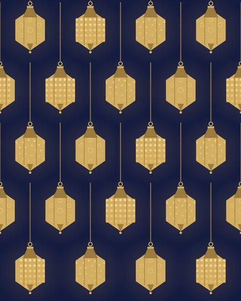 Hexagonal pierced lanterns hung in staggered rows on indigo, each with a small roof, ring and finial. Three patterns of piercing alternate, eight-point stars, a grid of dots and rings of small sparks, each lantern lit amber behind its brass and hung on its own thin rod.