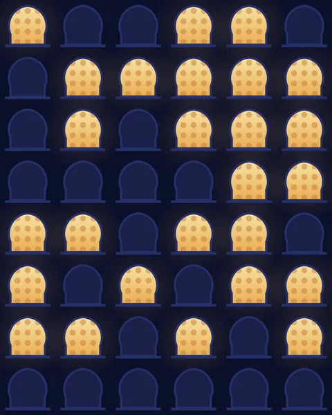 A tall façade of horseshoe-arched windows in tight rows. Roughly half are lit, each showing a faint lattice of stars behind the glass, and the rest are dark indigo, so the lit windows scatter over the wall like a chart of stars.