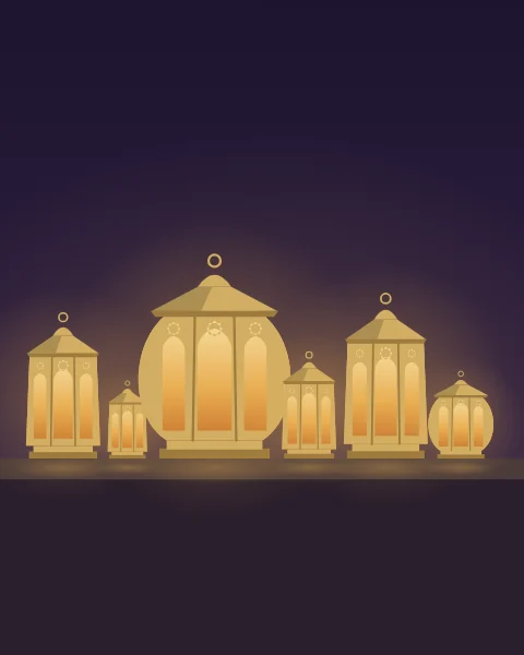 Fanous standing on their feet in a row along a dark wooden ledge: hexagonal, tall and round-bellied, from knee-high to the small tin ones children carry. Their windows make one line of light across a plum dark room, and each throws a soft ring onto the shelf.