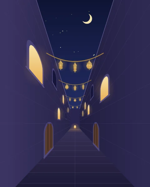A narrow alley between tall walls, looking down its length to a small lit doorway at the far end. Four strings of lanterns cross overhead, growing smaller with distance; lit windows and two wooden doors line the walls, and a strip of indigo sky holds the crescent.