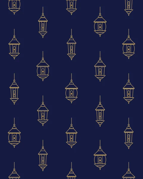 Small fanous lanterns drawn in gold line on deep indigo in a half-drop repeat, hexagonal, tall and round-bellied in turn, each hung on its own thin rod with an amber flame in its window.