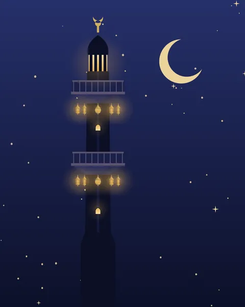 A slim black minaret rising the full height of the sheet against a starry indigo sky. Its shaft windows glow amber, lanterns hang beneath each of its two railed balconies, a small lit storey and onion cap close it and a gold crescent finial tops it, with a large crescent moon in the sky beside it.