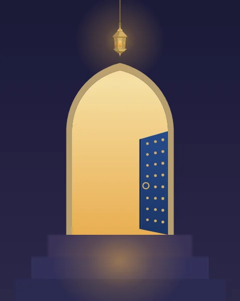 A pointed doorway in a lime-washed wall, one studded blue leaf of its door swung open. Amber light floods out from inside and down three stone steps, and a brass lantern hangs lit above the point of the arch.