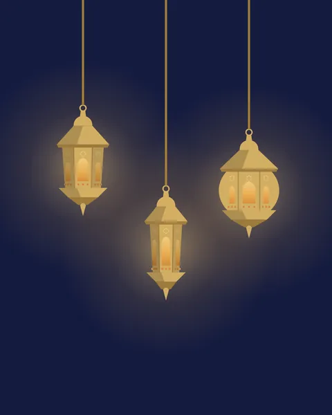 Three fanous lanterns hung side by side on indigo, a hexagonal, a tall and a round-bellied one, each wrapped in a soft radial glow of its own and lit amber behind its brass.
