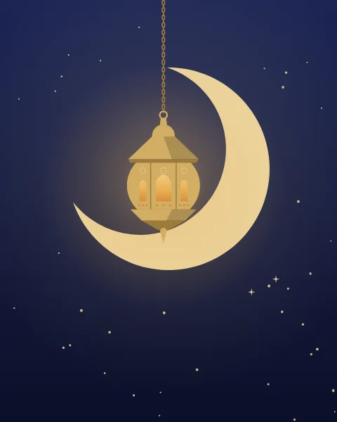 A round brass lantern hung on a long chain in front of a large new crescent. The lantern's amber and the moon's pale gold overlap in one soft halo, and stars fill the indigo around them.
