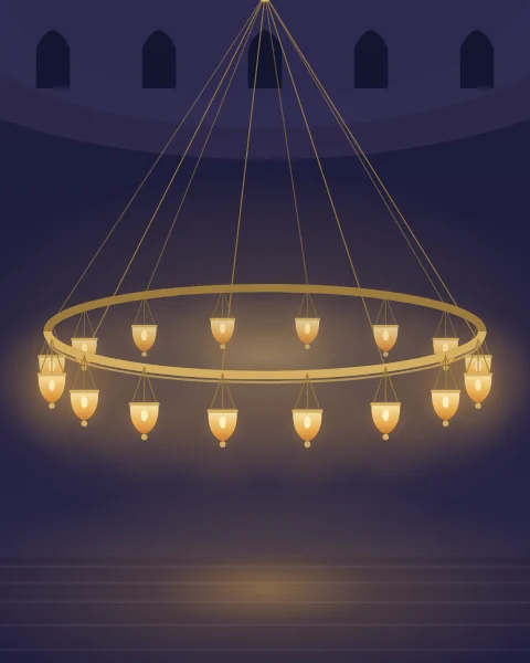 A great brass ring hangs low beneath a dark dome on chains that meet at its crown, carrying a circle of small glass oil lamps, each with its own flame; the far side of the ring glows dimmer, and the light pools on rows of carpet below.