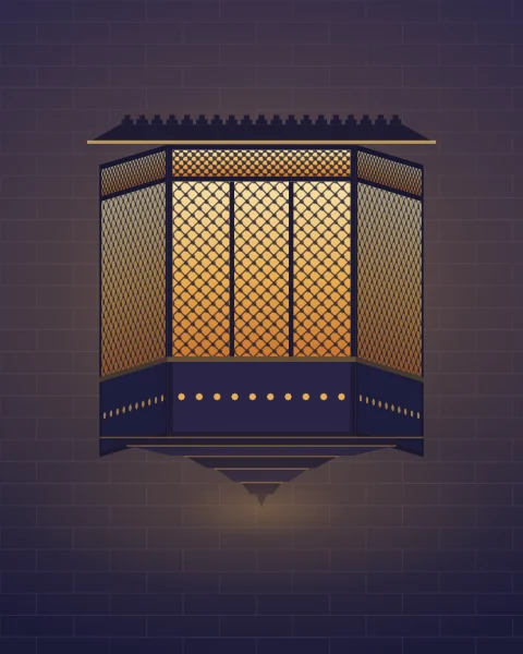 A wooden oriel window of turned lattice juts out from a dark stone wall at night on stepped corbels under a crested hood. Lamplight from inside shows through every opening of the lattice, so the wood stands out dark against the gold, and the glow spreads over the stones around it.