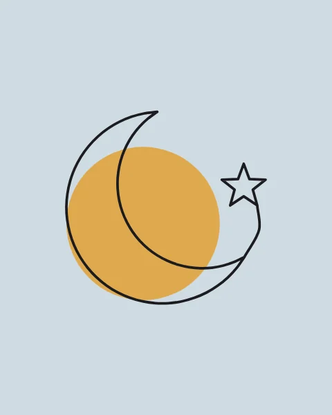 A crescent moon and a five-pointed star drawn in one unbroken line over a saffron disc on a pale sky ground.