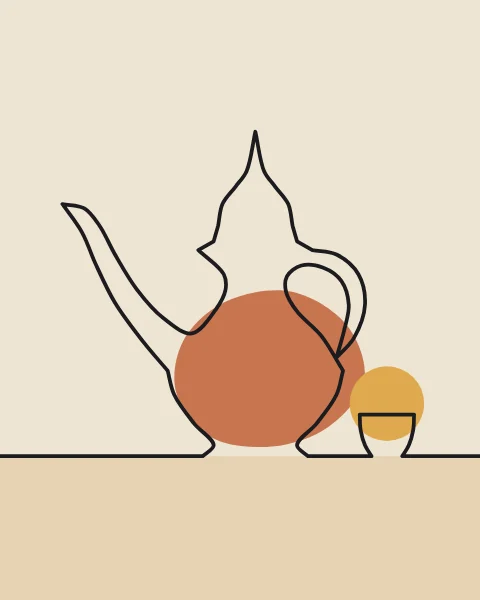 A dallah coffee pot with its long beaked spout stands beside a small handleless cup, drawn in a single line over terracotta and saffron.