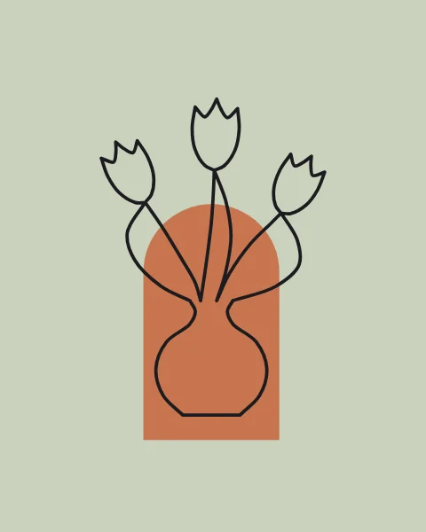 Three tulips rise from a rounded vase, each stem returning as a long leaf, set against a terracotta arch.