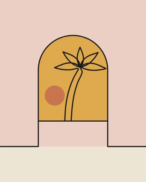An arched doorway opens onto a single palm and a low horizon, drawn in one line over a saffron glow.