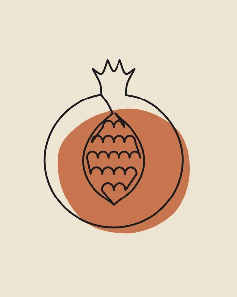 A crowned pomegranate split down the front to show rows of packed seeds, drawn over a terracotta form.