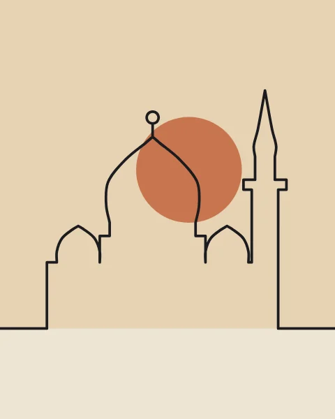 A mosque skyline of onion domes and a slender minaret, traced in a single line from one edge to the other beneath a terracotta sun.