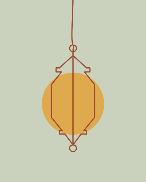 A faceted hanging lantern on a long chain, drawn in terracotta over a soft saffron glow.
