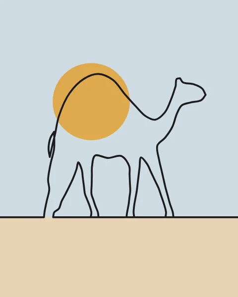 A camel mid-stride on a sandy horizon, its hump rising against a saffron sun, drawn in one line.