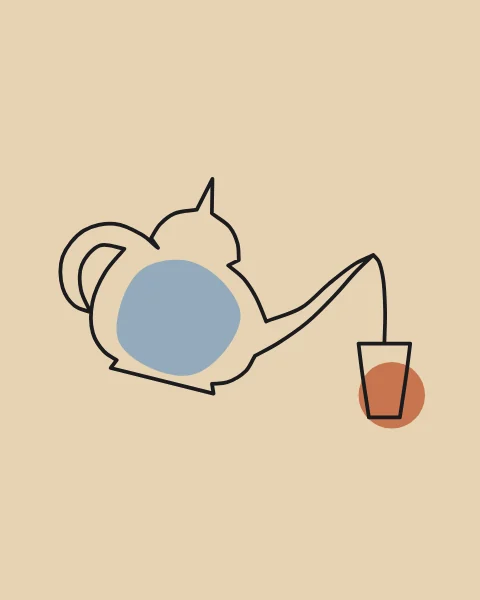A round-bellied Moroccan teapot with a domed, pointed lid and a looped handle tips a thin stream of tea from its long spout into a small glass, drawn in one line over dusty blue and terracotta.