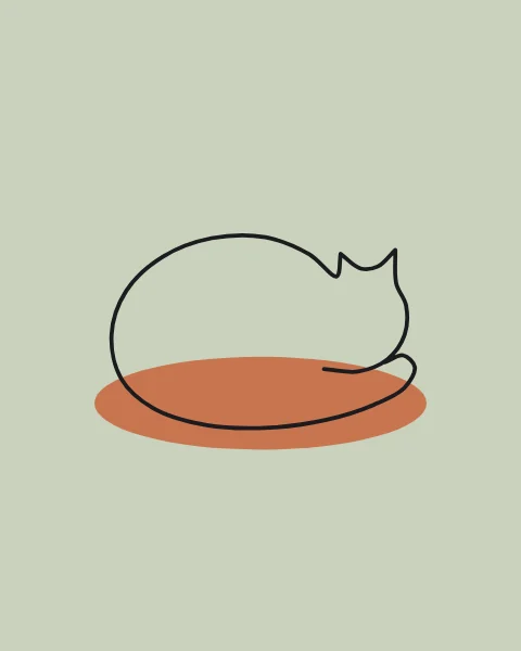 A cat curled asleep on a terracotta cushion, ears up and tail tucked round, drawn in one line.