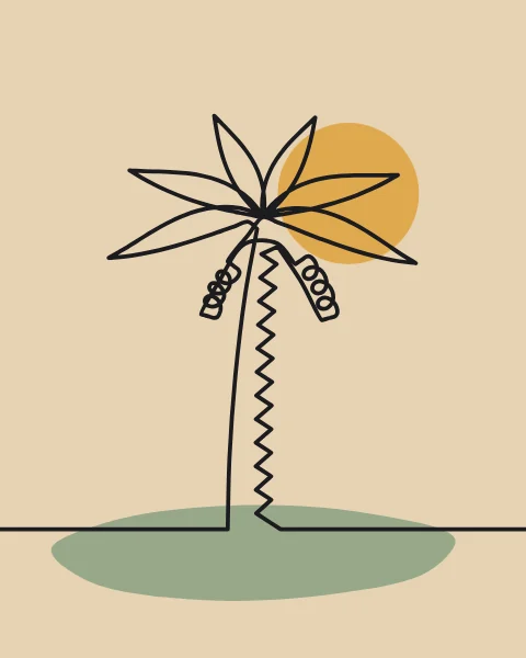 A date palm with arching fronds and hanging clusters of dates, its trunk notched with bark, beside a saffron sun.
