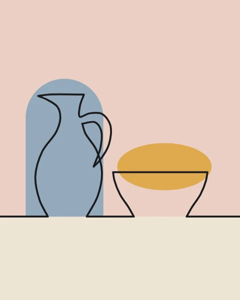 A thrown jug with a pinched spout and a wide bowl stand side by side on a table line, with blue and saffron shapes behind.
