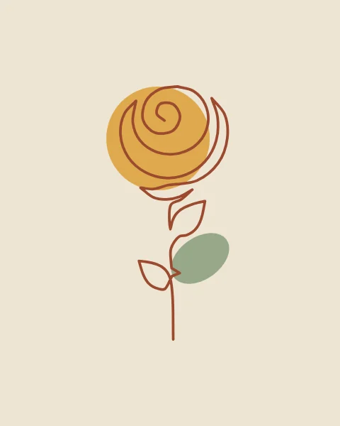 A rose in bloom with spiralling petals, two leaves and a thorn, drawn in terracotta over saffron and sage.