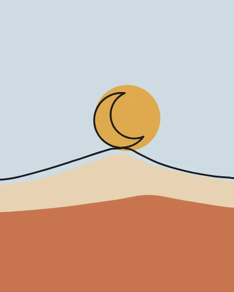 A crescent moon rests on the crest of a dune, its single line running from one edge to the other above bands of sand.