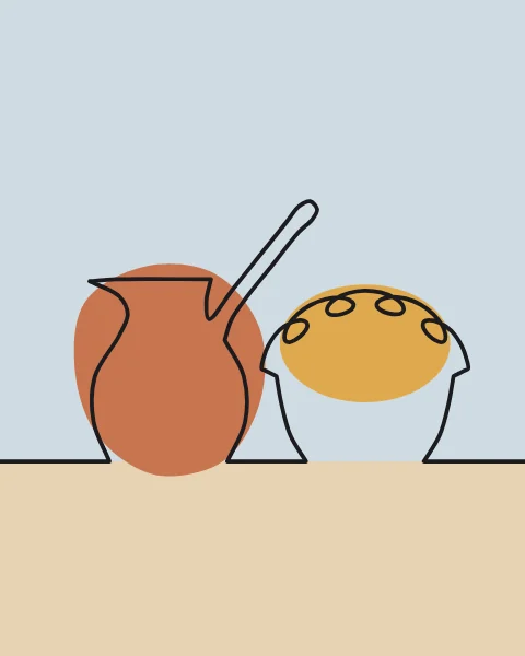 A long-handled coffee pot stands beside a footed bowl heaped with dates, both drawn along a single table line over terracotta and saffron.