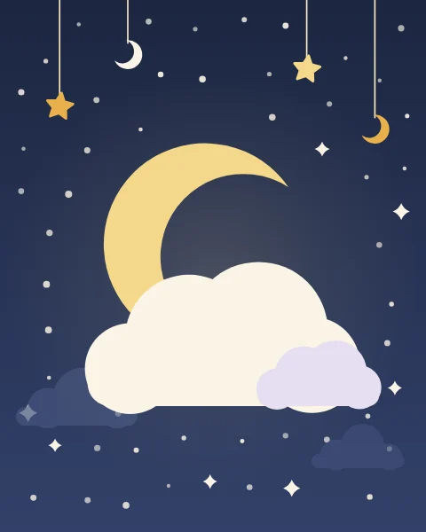 A golden crescent moon rests on a soft cloud in a starry navy sky, with a few small stars and moons hanging on threads above.