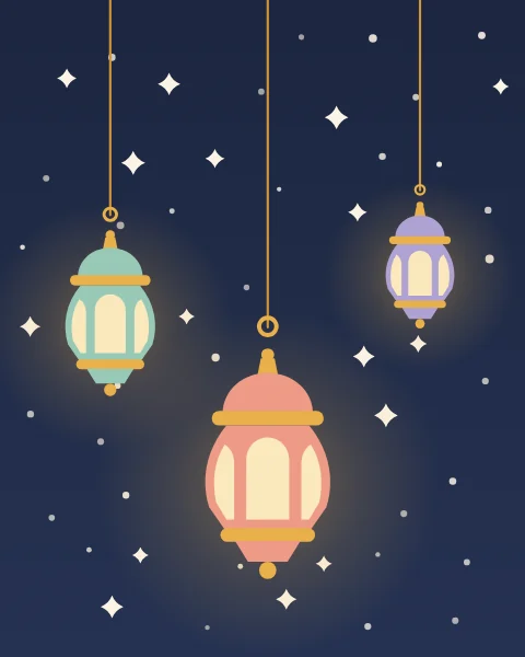 Three glowing lanterns, big, middle and little, hang on long golden threads against a starry night sky.