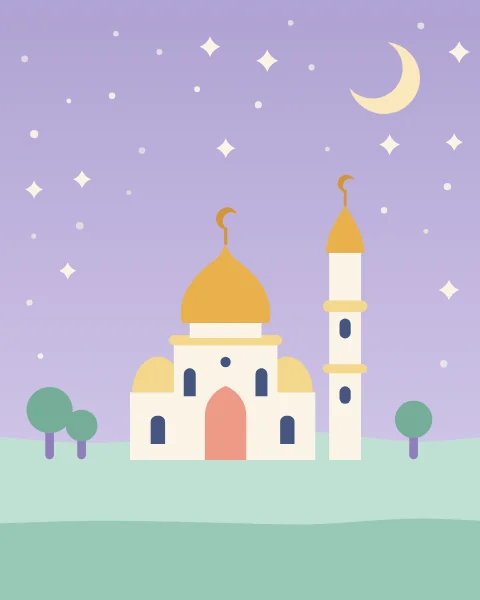 A small cream mosque with golden domes and crescent finials sits on a green hill under a lilac evening sky full of stars.