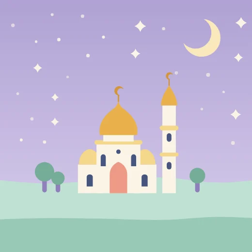 A small cream mosque with golden domes and crescent finials sits on a green hill under a lilac evening sky full of stars.
