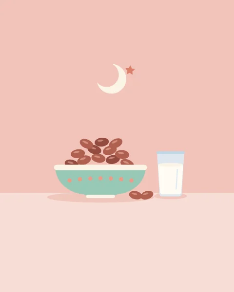 A mint bowl heaped with dates beside a glass of milk, with a small crescent and star above.
