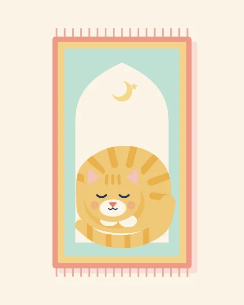 A ginger cat curled up asleep on a mint and coral prayer mat, seen from above.