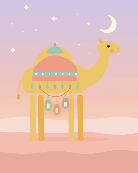 A camel in a bright saddle cloth stands on rosy dunes at dusk, with a string of three small glowing lanterns hanging from its saddle.