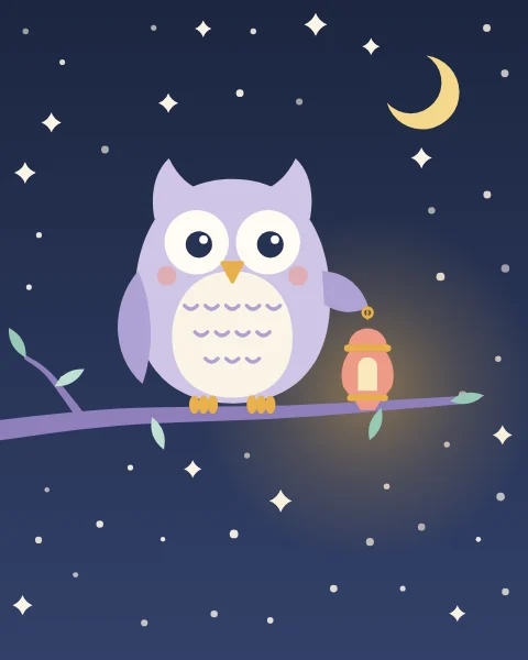A round little owl perched on a leafy branch at night holds up a tiny glowing lantern.