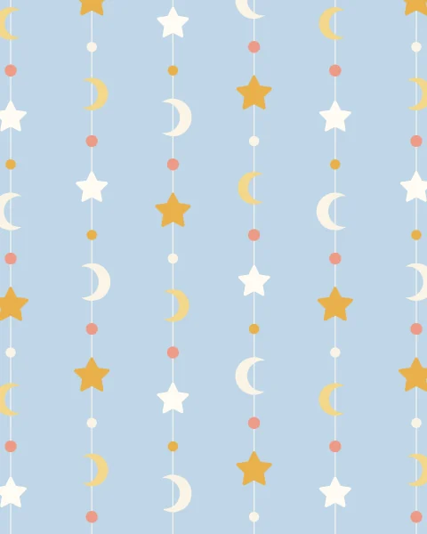 Strings of crescent moons, stars and beads hang in rows across a pale blue sky, as a repeating pattern.
