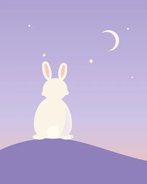 A small rabbit sits on a hill and looks up at a thin new crescent in a lilac evening sky.
